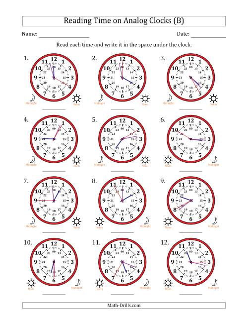 The Reading 24 Hour Time on Analog Clocks in 5 Second Intervals (12 Clocks) (B) Math Worksheet