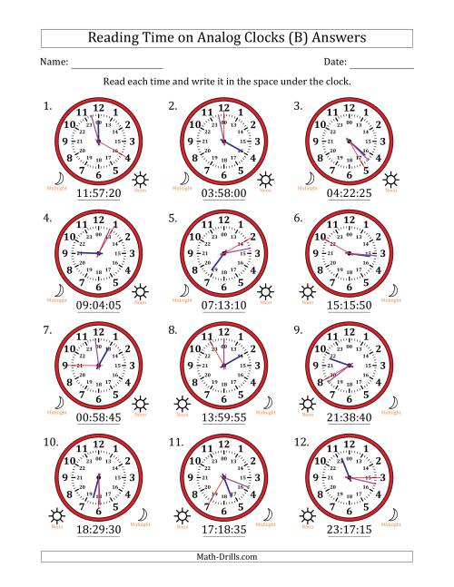The Reading 24 Hour Time on Analog Clocks in 5 Second Intervals (12 Clocks) (B) Math Worksheet Page 2