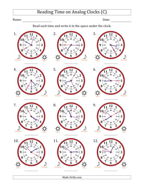 The Reading 24 Hour Time on Analog Clocks in 5 Second Intervals (12 Clocks) (C) Math Worksheet