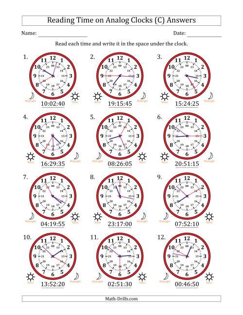 The Reading 24 Hour Time on Analog Clocks in 5 Second Intervals (12 Clocks) (C) Math Worksheet Page 2
