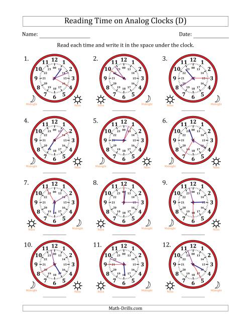 The Reading 24 Hour Time on Analog Clocks in 5 Second Intervals (12 Clocks) (D) Math Worksheet