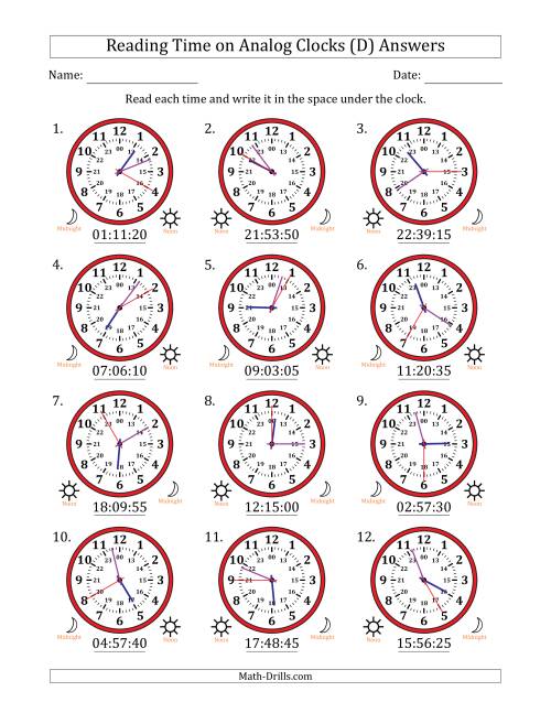 The Reading 24 Hour Time on Analog Clocks in 5 Second Intervals (12 Clocks) (D) Math Worksheet Page 2