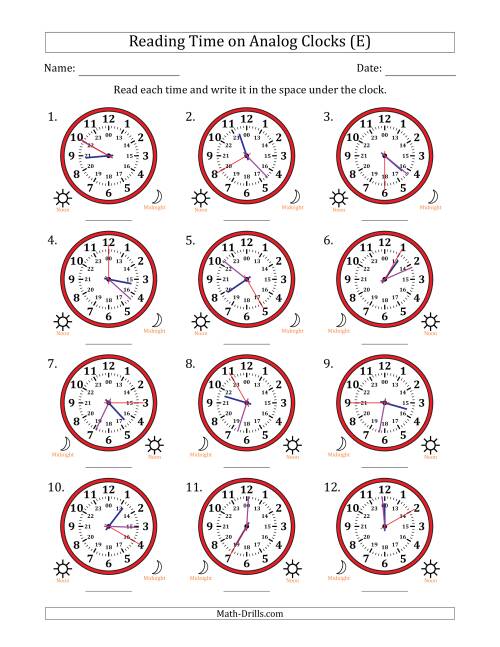 The Reading 24 Hour Time on Analog Clocks in 5 Second Intervals (12 Clocks) (E) Math Worksheet