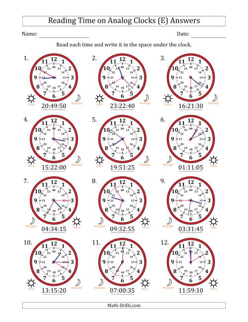 The Reading 24 Hour Time on Analog Clocks in 5 Second Intervals (12 Clocks) (E) Math Worksheet Page 2