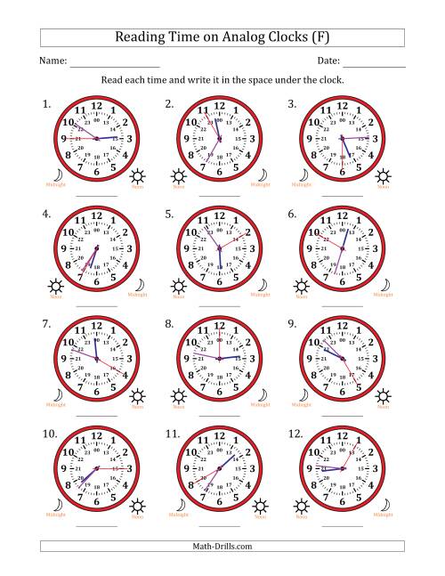 The Reading 24 Hour Time on Analog Clocks in 5 Second Intervals (12 Clocks) (F) Math Worksheet
