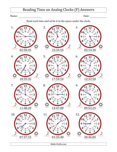 The Reading 24 Hour Time on Analog Clocks in 5 Second Intervals (12 Clocks) (F) Math Worksheet Page 2