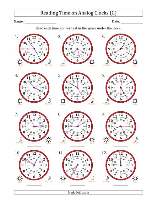 The Reading 24 Hour Time on Analog Clocks in 5 Second Intervals (12 Clocks) (G) Math Worksheet