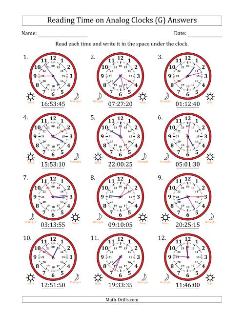 The Reading 24 Hour Time on Analog Clocks in 5 Second Intervals (12 Clocks) (G) Math Worksheet Page 2