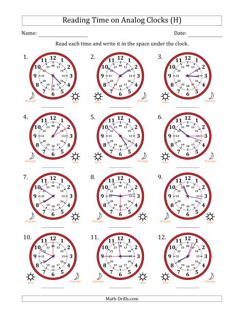 The Reading 24 Hour Time on Analog Clocks in 5 Second Intervals (12 Clocks) (H) Math Worksheet