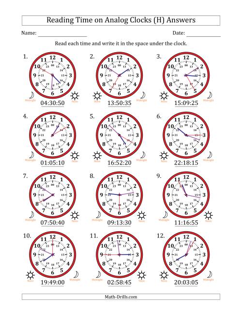 The Reading 24 Hour Time on Analog Clocks in 5 Second Intervals (12 Clocks) (H) Math Worksheet Page 2
