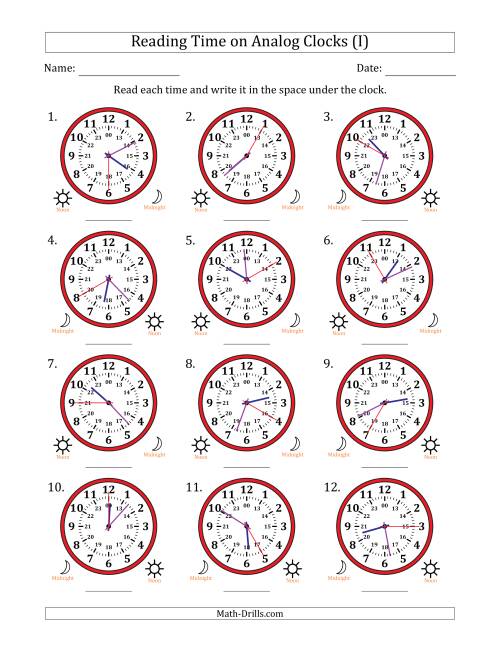 The Reading 24 Hour Time on Analog Clocks in 5 Second Intervals (12 Clocks) (I) Math Worksheet