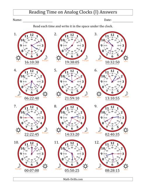 The Reading 24 Hour Time on Analog Clocks in 5 Second Intervals (12 Clocks) (I) Math Worksheet Page 2