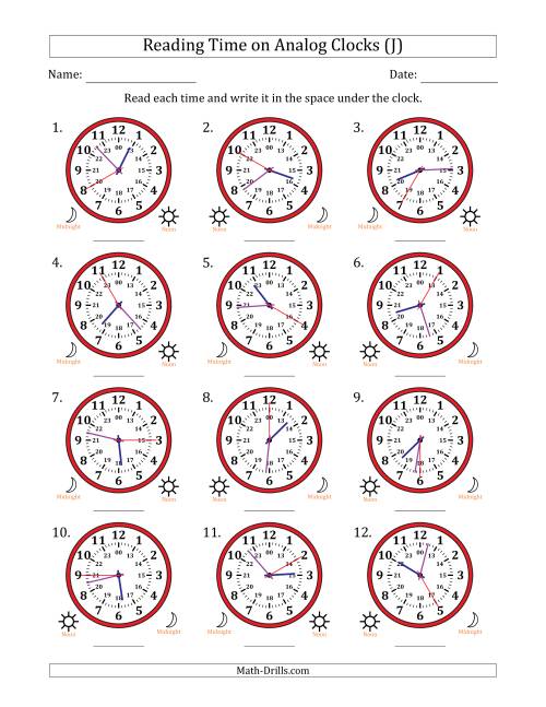 The Reading 24 Hour Time on Analog Clocks in 5 Second Intervals (12 Clocks) (J) Math Worksheet