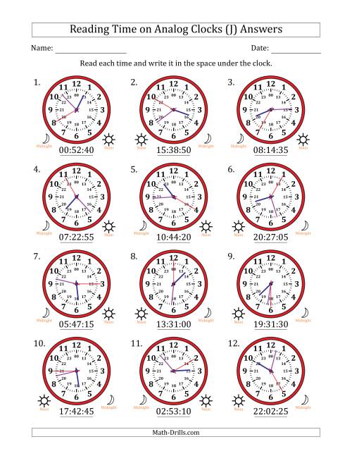 The Reading 24 Hour Time on Analog Clocks in 5 Second Intervals (12 Clocks) (J) Math Worksheet Page 2