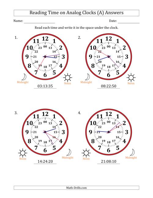 The Reading 24 Hour Time on Analog Clocks in 5 Second Intervals (4 Large Clocks) (A) Math Worksheet Page 2