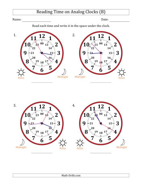 The Reading 24 Hour Time on Analog Clocks in 5 Second Intervals (4 Large Clocks) (B) Math Worksheet