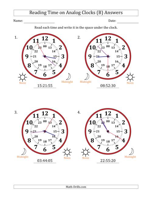 The Reading 24 Hour Time on Analog Clocks in 5 Second Intervals (4 Large Clocks) (B) Math Worksheet Page 2
