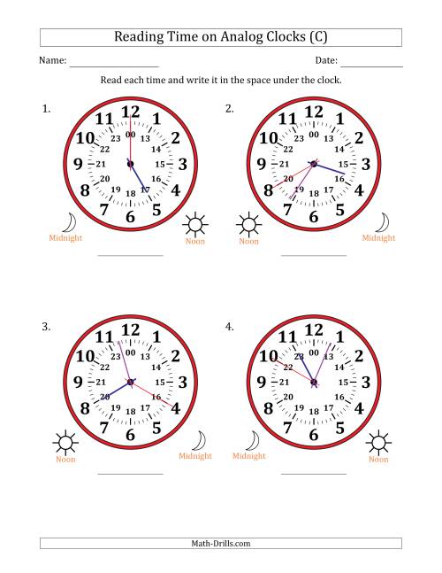 The Reading 24 Hour Time on Analog Clocks in 5 Second Intervals (4 Large Clocks) (C) Math Worksheet