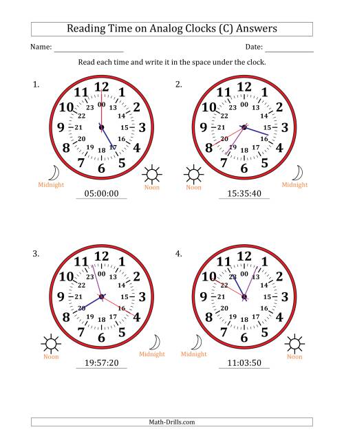 The Reading 24 Hour Time on Analog Clocks in 5 Second Intervals (4 Large Clocks) (C) Math Worksheet Page 2
