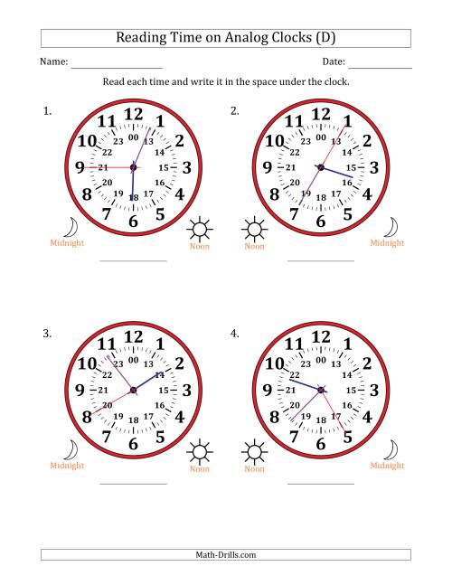 The Reading 24 Hour Time on Analog Clocks in 5 Second Intervals (4 Large Clocks) (D) Math Worksheet