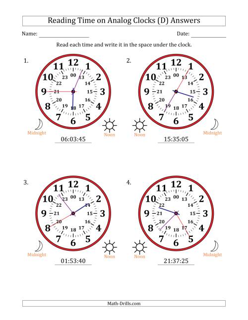 The Reading 24 Hour Time on Analog Clocks in 5 Second Intervals (4 Large Clocks) (D) Math Worksheet Page 2