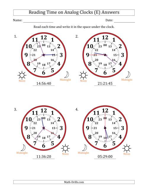 The Reading 24 Hour Time on Analog Clocks in 5 Second Intervals (4 Large Clocks) (E) Math Worksheet Page 2