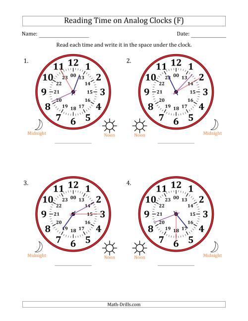 The Reading 24 Hour Time on Analog Clocks in 5 Second Intervals (4 Large Clocks) (F) Math Worksheet