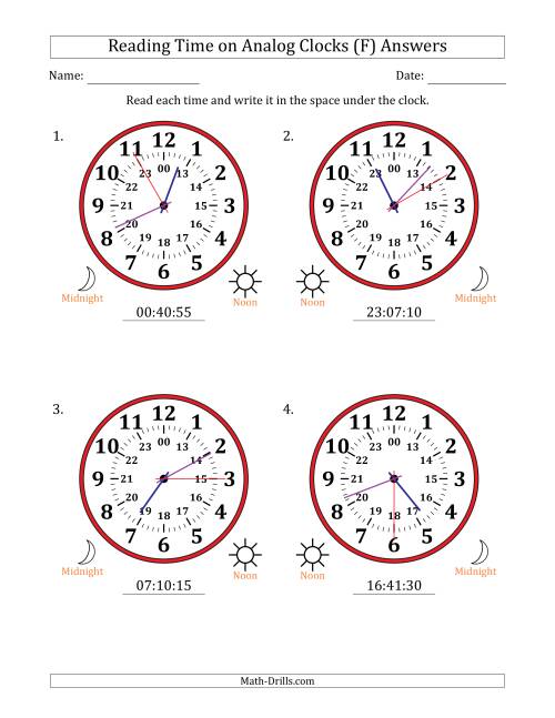 The Reading 24 Hour Time on Analog Clocks in 5 Second Intervals (4 Large Clocks) (F) Math Worksheet Page 2