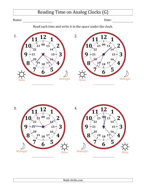 The Reading 24 Hour Time on Analog Clocks in 5 Second Intervals (4 Large Clocks) (G) Math Worksheet