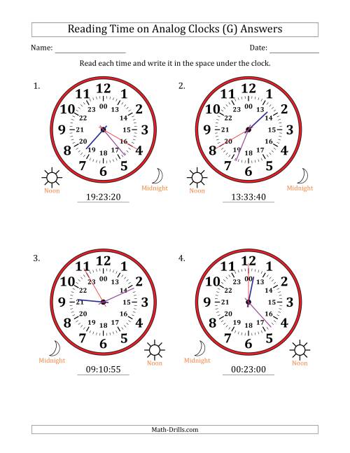 The Reading 24 Hour Time on Analog Clocks in 5 Second Intervals (4 Large Clocks) (G) Math Worksheet Page 2