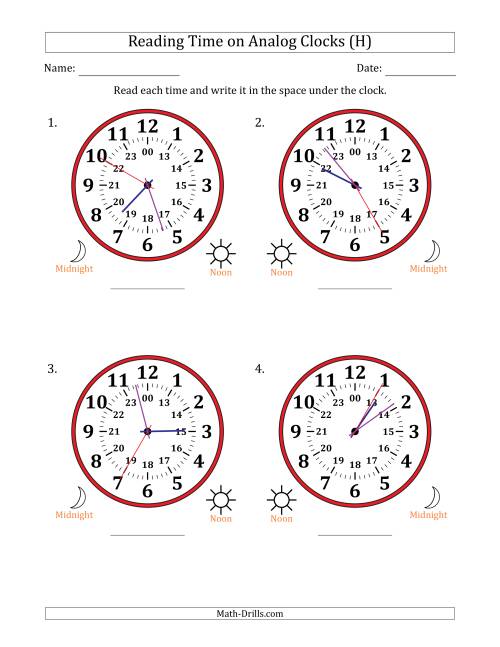 The Reading 24 Hour Time on Analog Clocks in 5 Second Intervals (4 Large Clocks) (H) Math Worksheet
