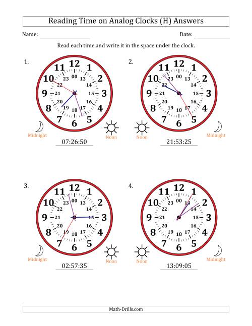 The Reading 24 Hour Time on Analog Clocks in 5 Second Intervals (4 Large Clocks) (H) Math Worksheet Page 2