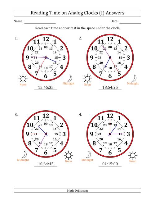 The Reading 24 Hour Time on Analog Clocks in 5 Second Intervals (4 Large Clocks) (I) Math Worksheet Page 2