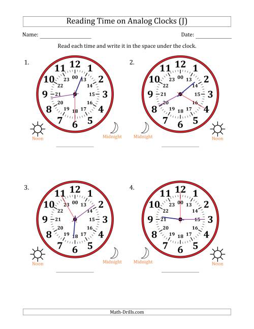 The Reading 24 Hour Time on Analog Clocks in 5 Second Intervals (4 Large Clocks) (J) Math Worksheet