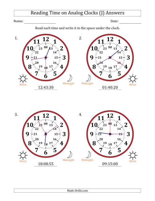 The Reading 24 Hour Time on Analog Clocks in 5 Second Intervals (4 Large Clocks) (J) Math Worksheet Page 2