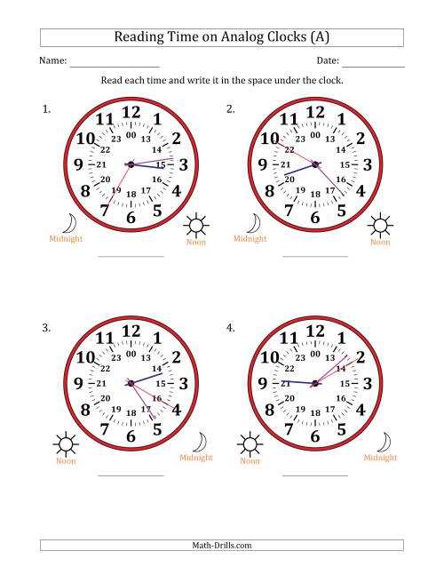 The Reading 24 Hour Time on Analog Clocks in 5 Second Intervals (4 Large Clocks) (All) Math Worksheet