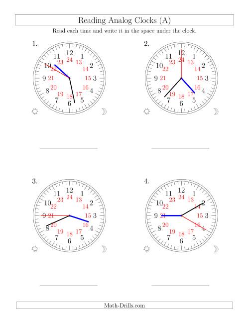 The Reading Time on 24 Hour Analog Clocks in 5 Second Intervals (Large Clocks) (Old) Math Worksheet