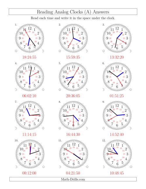 The Reading Time on 24 Hour Analog Clocks in 5 Second Intervals (Old) Math Worksheet Page 2