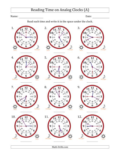 The Reading 24 Hour Time on Analog Clocks in 15 Second Intervals (12 Clocks) (A) Math Worksheet