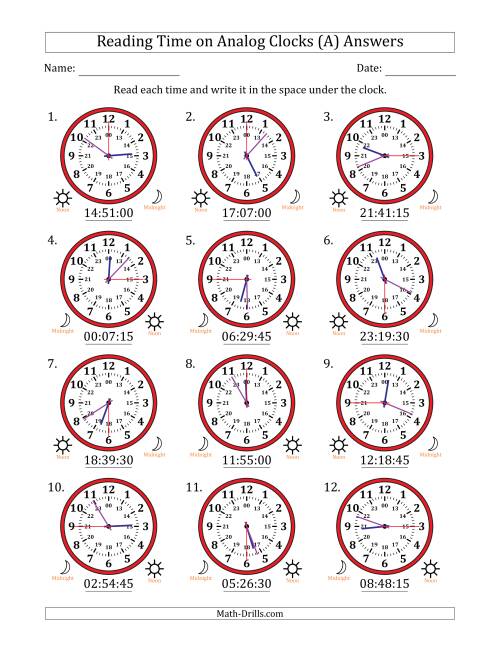 The Reading 24 Hour Time on Analog Clocks in 15 Second Intervals (12 Clocks) (A) Math Worksheet Page 2