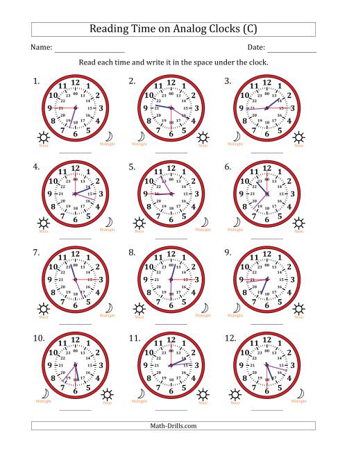 The Reading 24 Hour Time on Analog Clocks in 15 Second Intervals (12 Clocks) (C) Math Worksheet