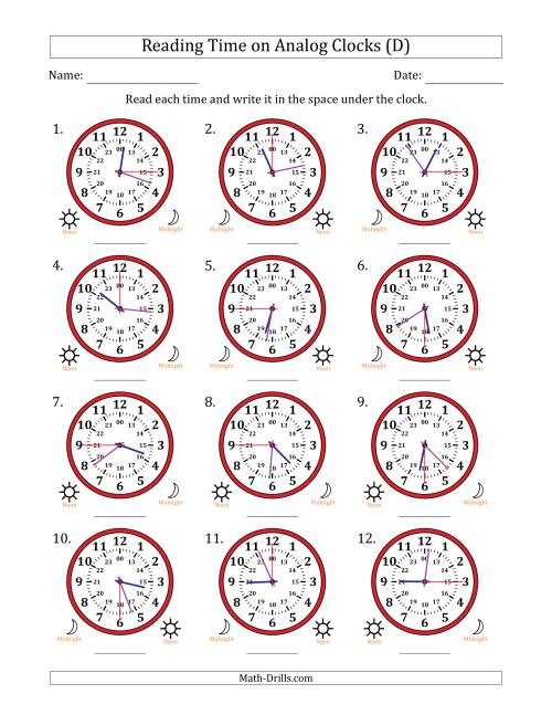 The Reading 24 Hour Time on Analog Clocks in 15 Second Intervals (12 Clocks) (D) Math Worksheet