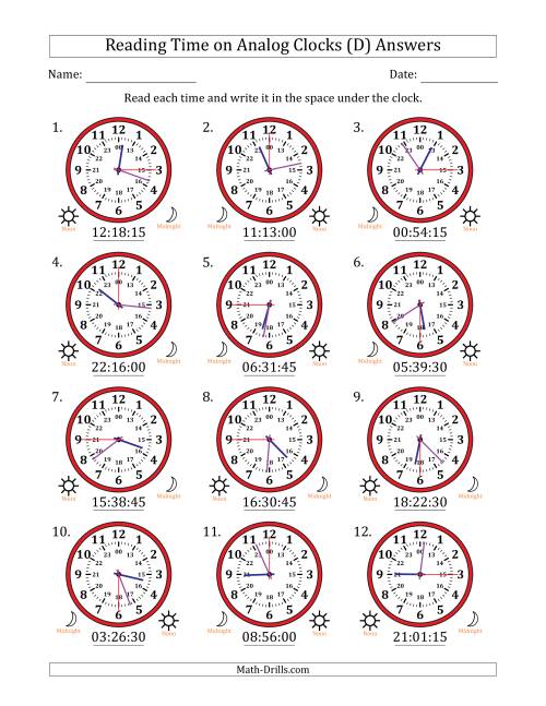 The Reading 24 Hour Time on Analog Clocks in 15 Second Intervals (12 Clocks) (D) Math Worksheet Page 2