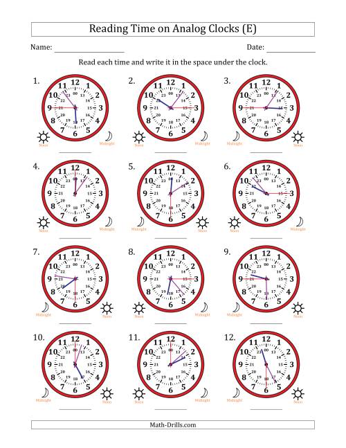 The Reading 24 Hour Time on Analog Clocks in 15 Second Intervals (12 Clocks) (E) Math Worksheet
