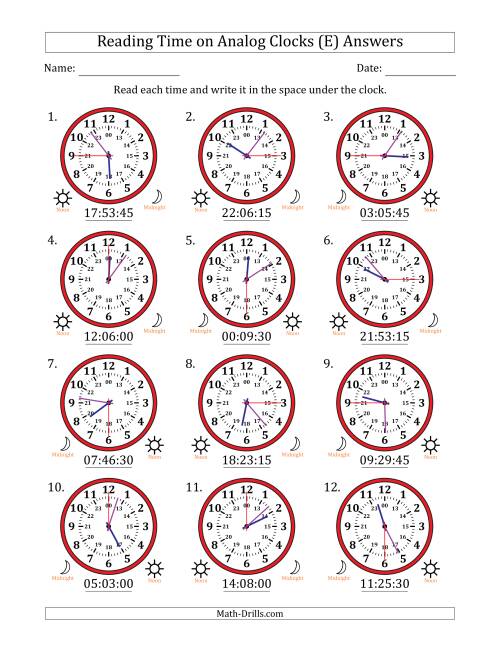 The Reading 24 Hour Time on Analog Clocks in 15 Second Intervals (12 Clocks) (E) Math Worksheet Page 2