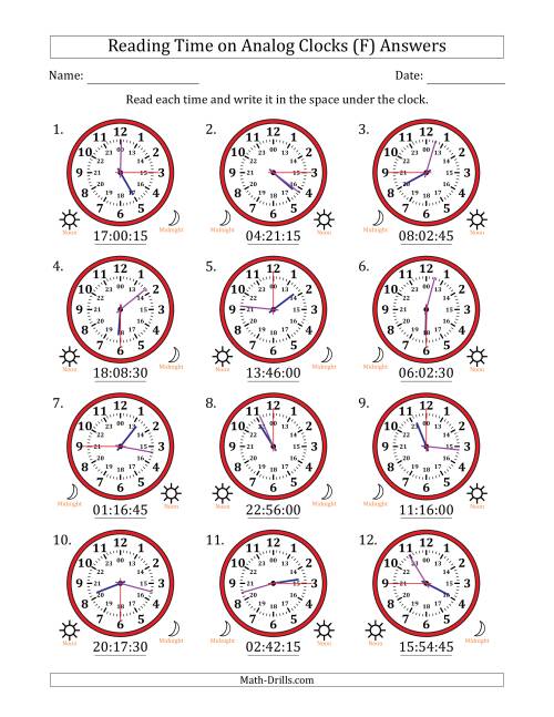 The Reading 24 Hour Time on Analog Clocks in 15 Second Intervals (12 Clocks) (F) Math Worksheet Page 2