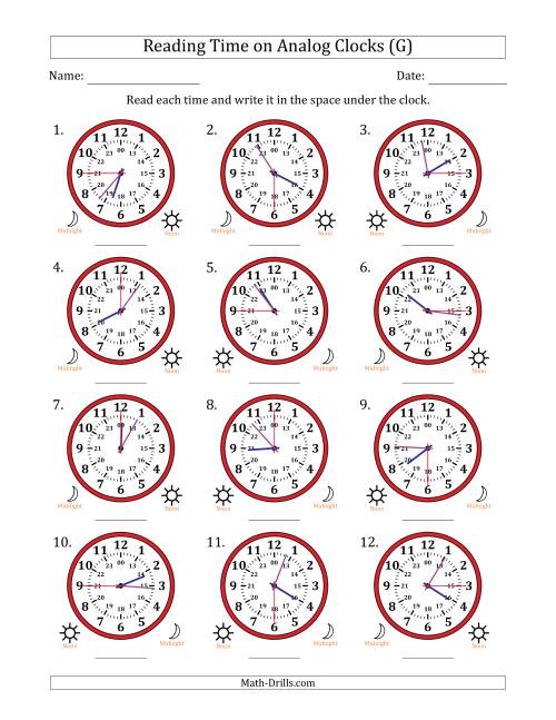 The Reading 24 Hour Time on Analog Clocks in 15 Second Intervals (12 Clocks) (G) Math Worksheet