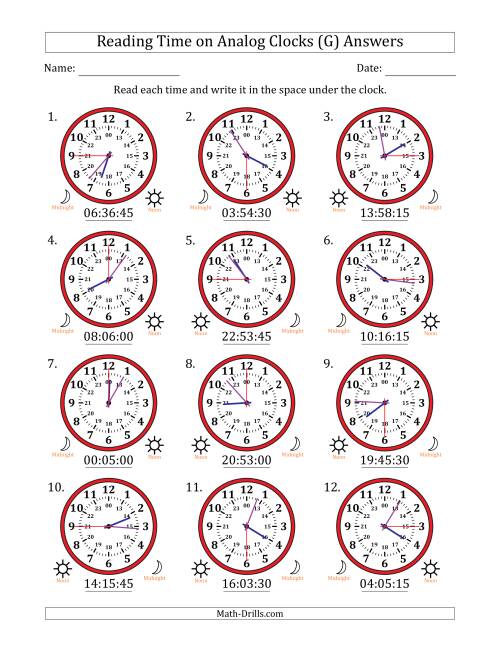 The Reading 24 Hour Time on Analog Clocks in 15 Second Intervals (12 Clocks) (G) Math Worksheet Page 2