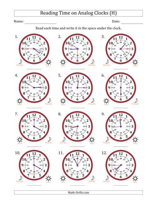 The Reading 24 Hour Time on Analog Clocks in 15 Second Intervals (12 Clocks) (H) Math Worksheet