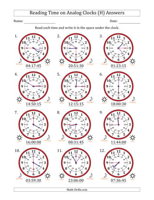 The Reading 24 Hour Time on Analog Clocks in 15 Second Intervals (12 Clocks) (H) Math Worksheet Page 2